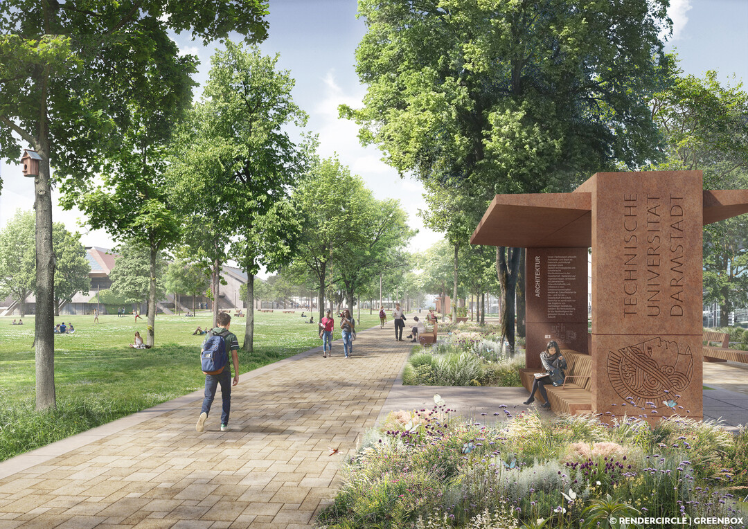 Der Campusboulevard bildet den sdlichen Abschluss der Raumkomposition. Durch sein individuelles Mobiliar und artenreiche Bepflanzung wird der Boulevard zur Flaniermeile. Die sogenannten Campusboxen bieten neben ihrer analogen Funktion als Treff-, Orientierungs- und Informationspunkt auch die Mglichkeit ber QR-Codes und WiFi-Anbindung digitale Inhalte des Campus Lichtwiese und ihrer Fakultten zur Verfgung zu stellen.
Fr Studierende, Lehrende und Mitarbeitende entsteht eine lebendige grne Mitte, die als Ankommens- und Aufenthaltsraum eine campusweite, reprsentative Strahlkraft entwickelt. (AUSZUG ERLUTERUNGSTEXT)