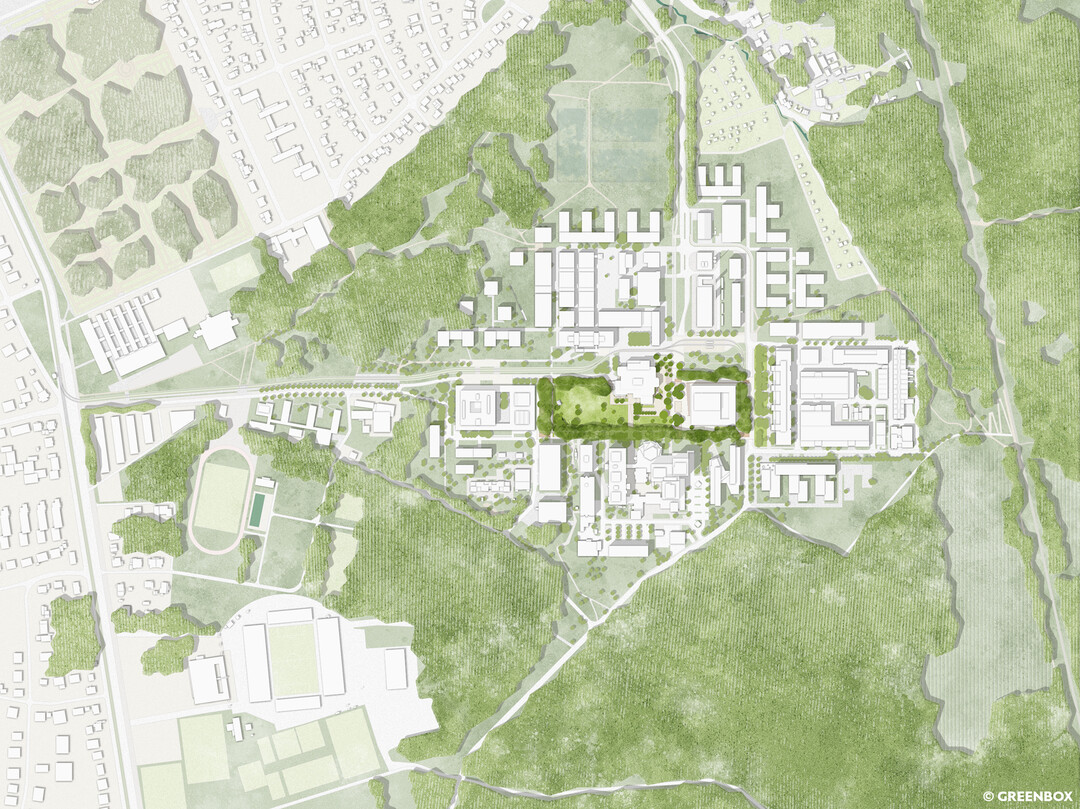 Der Campus Lichtwiese ist ein bedeutender, historisch gewachsener Stadtbaustein im Sdosten Darmstadts. Dichte Waldstrukturen umrahmen den Campus und rcken ihn vom umgebenen Stadtkontext ab. Kontrr zum Landschaftsrahmen ragt in orthogonaler Auslegung die Architektur der Technischen Universitt auf der Lichtwiese hervor.
Konzeptionell wird dieses prgende Bild auf die neu entwickelte Campusmitte bertragen: Ein Grnes Passepartout umsumt die neue Mitte und ffnet sich zu den zentralen Campus Wiesen und der Plaza. (AUSZUG ERLUTERUNGSTEXT)