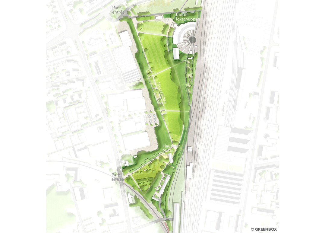 Der Park wird zuknftig aus drei eigenstndig funktionierenden, aber dennoch verknpften Arealen mit jeweils eigenen Charakteren bestehen und als Klimainsel, grne Infrastruktur, Refugium fr Mensch und Tier sowie Naherholungsort fr die Stadt dienen. Die historischen Spuren und die Identitt des Ortes, welche untrennbar mit der Eisenbahn verknpft sind, bilden dabei die Basis der neu interpretierten Parklandschaft. (AUSZUG ENTWURFSTEXT)