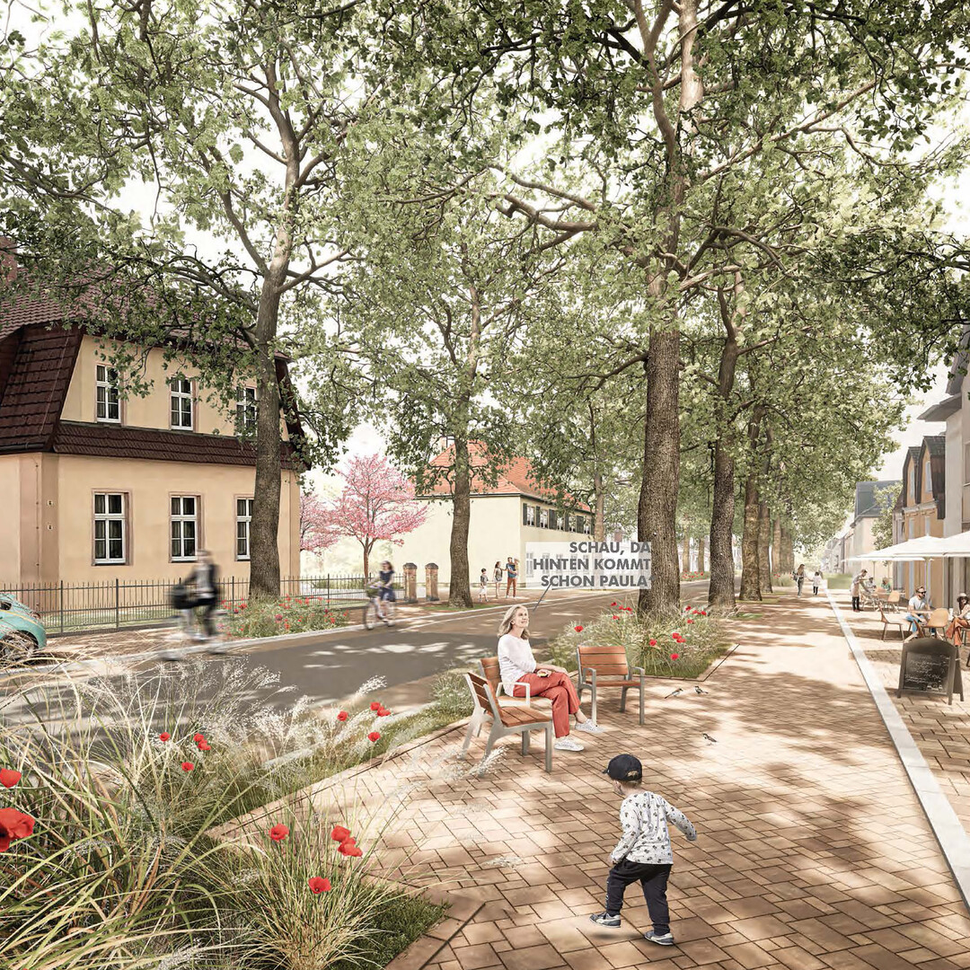 Auszug Juryprotokoll: Die Arbeit mit dem Titel Treffpunkt im Dorf legt ein starkes Konzept vor. Es berzeugt mit der Leitidee der sektoral gegliederten Hauptachse mit Schwerpunkt der Querungen zu wichtigen Bereichen der Ortsmitte. Die Querungen historische Ortsmitte (Anger), Bereich des Cafs zum Kreuzpunkt, Am Diek und der Anschluss zum Teltomatgelnde werden als sinnvoll erachtet. (...) Das Anbinden der Kirche bzw. der Reste der alten Angerstrukturen an die zentrale neue Achse des Ortes ist sinnvoll und wnschenswert."