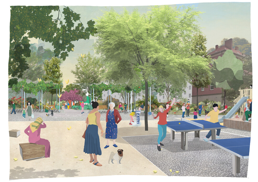 Der ruhige Grne Weg mndet in einen romantisch anmutenden Platz mit berankter Pergola, die den
rahmenden Auftakt zum Quartiersplatz bildet. Umgeben von an die Geschichte des Rosengartens
erinnernden Kletterrosen und Wildrosen in den Beeten knnen die Bewohner das Treiben auf dem Quartiersplatz beobachten. Es gibt auch hier einen Trinkbrunnen.
Flaniert man geradezu weiter, steht man auf dem Quartiersplatz, das rumliche und pulsierende Herz,
der als Mittelpunkt aus wassergebundener Wegedecke gestaltet ist. Er dient sowohl als
Verteilerpunkt fr Bewegungen, als auch als offen gestalteter Treffpunkt. Unter den Schatten
spendenden Bestands- und Neubumen finden sich Picknick-Tische und Tischtennisplatten. Der Quartiersplatz ist bewusst mit seiner hheren Aktivitt weiter
entfernt von Wohnfenstern platziert worden, um Strungen zu minimieren. AUSZUG ENTWURFSERLUTERUNG