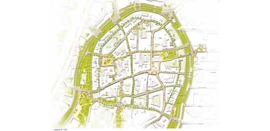 Verkehr: Jede Fahrt mit der Stadtbahn, mit dem Bus und mit dem Auto beginnt
und endet mit einem Fuweg. Im altstadt.raum Bielefeld gilt es folglich, die Mobilitt zu Fu nicht nur zu sichern, sondern besonders
zu frdern sowie zustzliche Aufenthaltsqualitten zu schaffen. Die Fugngerachse der Bahnhofstrae und Niedernstrae wird ber den
Alten Markt und die Strae Gehrenberg bis in die Breite Strae verlngert. Angestrebt werden sollte eine Verlngerung der Achse bis zur
Sparrenburg. Die Befahrung des altstadt.raums mit dem Kfz ist hingegen auf den Anwohner- und Lieferverkehr sowie Kundenverkehr zu
den Parkhusern zu beschrnken. AUSZUG ERLUTERUNGSTEXT