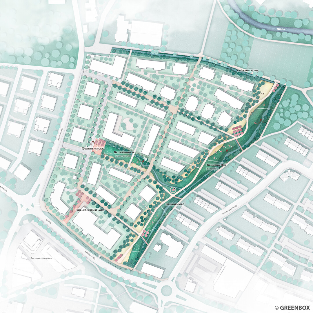 Der Entwurf nimmt die Dynamik der angrenzenden Rume auf und basiert auf dem Spiel mit der Inszenierung des bergangs von urbanen zu landschaftlichen Strukturen. Der Quartiersplatz ist urbaner Marker mit hoher Aufenthaltsqualitt fr einen lebendigen Nachbarschaftsaustausch in der Quartiersmitte mit freiem Blick ber die Quartierswiese und die Wiesenlandschaft des Grnzugs.  Der Quartiersplatz Sd als zweiter urbaner Marker entwickelt einen multikodierten Ort und webt das Quartier in die bestehenden Stadtstrukturen ein. (Auszug aus Entwurfstext)