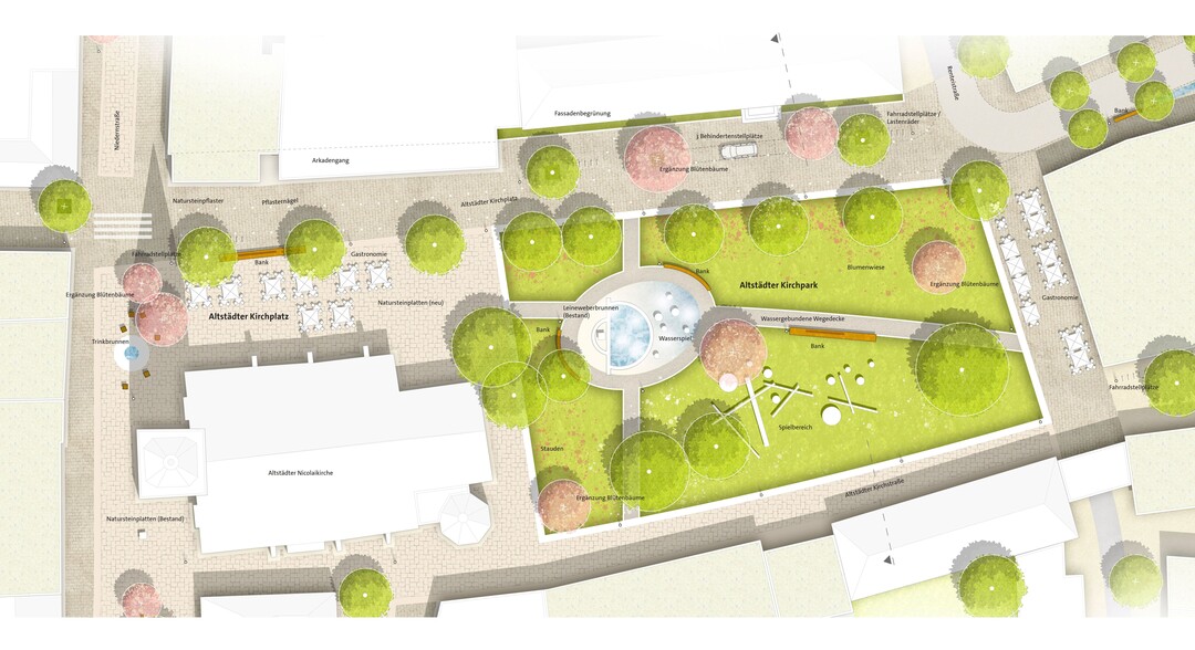 Der Altstdter Kirchplatz bildet die grte Grnanlage in der Altstadt. Das Konzept sieht vor, den Grnanteil auf dem Platz zu erhhen, die
bestehende Rasenflche zu erweitern und mit artenreichen Stauden- und Zwiebelpflanzungen zu ergnzen. Grozgige Holzbnke laden
zum Verweilen ein. Der Leineweberbrunnen wird um ein Wasserspiel fr Kinder ergnzt. Der Bereich rund um die Kirche soll weiterhin als Ort
fr Veranstaltungen und Auengastronomie nutzbar sein. Er wird gepflastert und in der bestehenden Farbigkeit und Materialitt ergnzt. Zur
Niedernstrae sorgt ein neuer Trinkbrunnen fr Erfrischung und Abkhlung. Abstellmglichkeiten fr Fahrrder, E-Scooter und Lastenrder
ergnzen das Angebot. AUSZUG ERLUTERUNGSTEXT