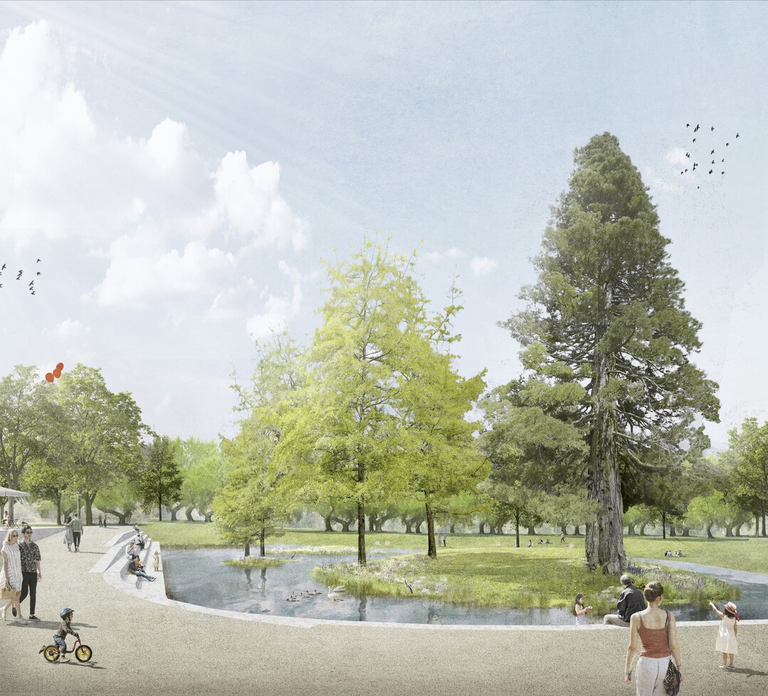 An der Liegehalle entsteht als neue Hauptattraktion der Kurparkspiegel, der gemeinsam mit dem Vorplatz vor der Liegehalle den Bereich der Liegewiese neu erlebbar macht. Der alte Wasserlauf entlang des Schlsschens wird reaktiviert und bildet neben dem bestehenden Fontnenfeld eine weitere Art, Wasser zu erleben. (AUSZUG JURYPROTOKOLL)