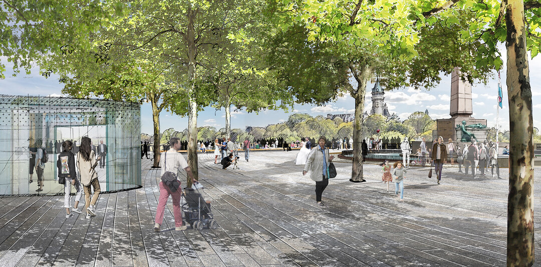 Der Boulevard F.D. Roosevelt erhlt im Anklang an die historische Gestaltung des 19. Jahrhunderts zu beiden Seiten des Platzes eine Baumreihe, um den Spaziergngern und Radfahrern den angesichts des Klimawandels so wichtigen Schatten zu spenden.(AUSZUG LATZ + PARTNER)