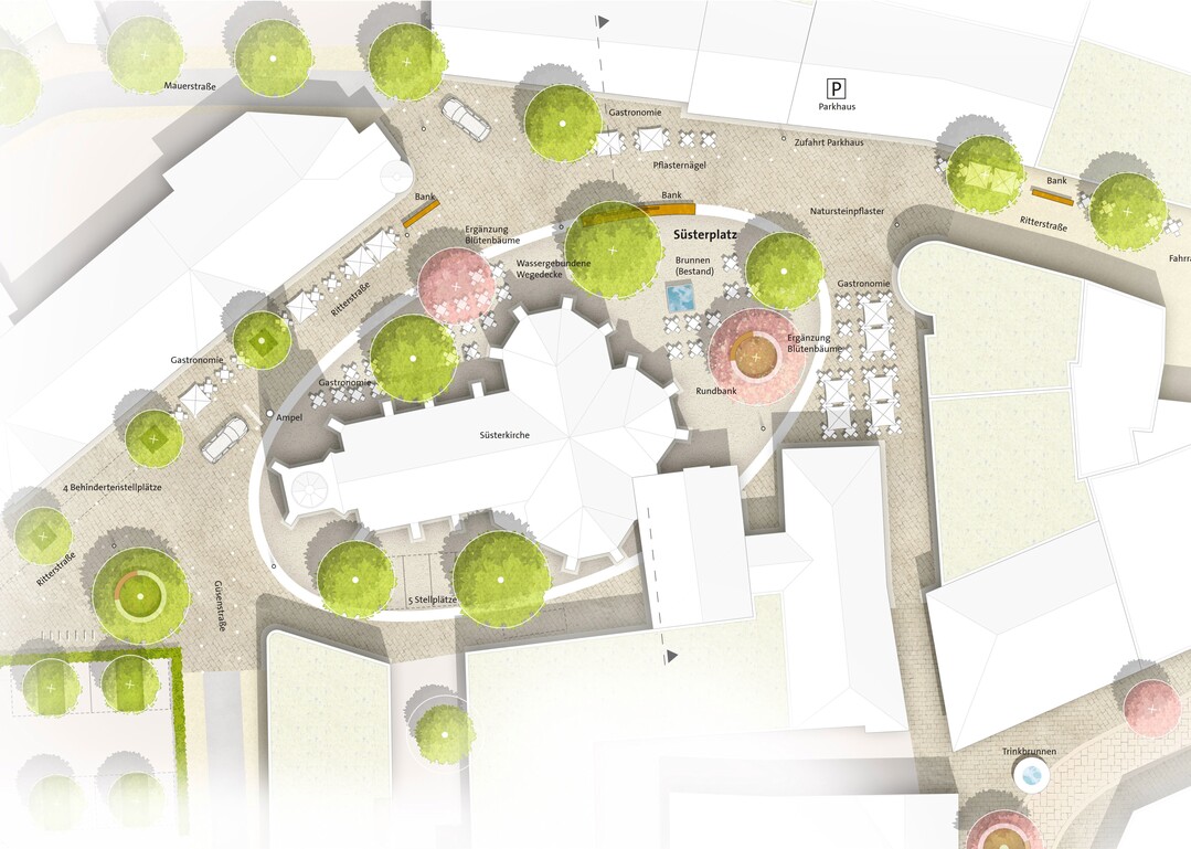 Rund um den Ssterplatz knnen
neue gastronomische Angebote dazu beitragen, die fast vollstndige Inanspruchnahme des Ssterplatzes durch Auengastronomie zu reduzieren.
Im Gegenzug sollen nicht kommerzielle Angebote und Gemeinschaftsbnke am Brunnen das Sitzangebot auf dem Platz erweitern. Klimaresiliente
Bltenbume erweitern die Artenvielfalt in der Altstadt. Eine Zufahrtsregelung zum Thaliaparkhaus mittels Ampelschaltung
sorgt dafr, den Platz von Autoverkehr freizuhalten. Die Platzmitte wird entsiegelt und dient als kirchlicher und sozialer Gemeinschaftsort an
dem auch Veranstaltungen wie das Open Air Kino stattfinden knnen. AUSZUG ERLUTERUNGSTEXT