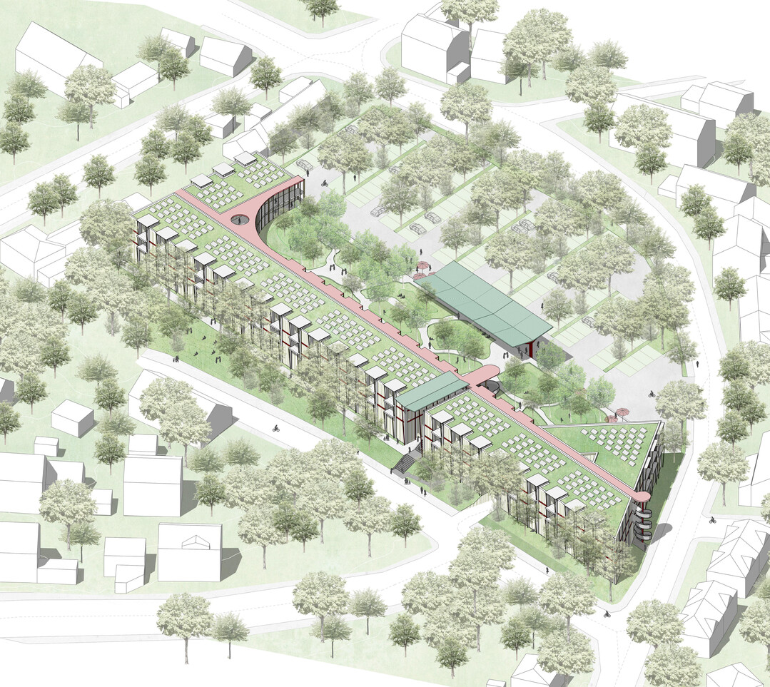 Die Stadt im Oberpflzer Wald wird auf einem ehemaligen Grtnereigelnde nahe der Altstadt einen neuen, vielfltigen Stadtbaustein bekommen, der ffentliche und private Nutzungen so organisiert, dass sie sich nicht stren, sondern gegenseitig bereichern. Eine grozgige Markthalle mit gastronomischem Angebot im Erdgeschoss bietet ein besonderes Einkaufserlebnis. Das Pendant hierzu bilden die Wohneinheiten in den Obergeschossen sowie der Grne Wohnhof mit ruhigen Rckzugsorten, Bewohnertreffs und diversen Spielflchen. Der Wohnhof als Wildes Wldchen hnelt in seiner Gestaltung einem natrlichen Waldgefge wie das der Landschaft vor Ort: offene Flchen, dicht bepflanzte Kraut- und Strauchschichten sowie ein grner Horizont aus Bumen. (AUSZUG ENTWURFSTEXT)