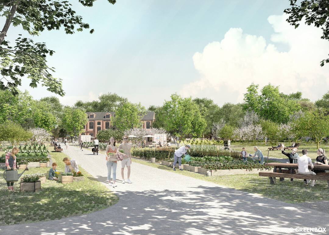 Gartenpark:
Der Gartenpark wird schrittweise zu seinem Endzustand entwickelt und ist zu Beginn der Baumanahme noch nicht umsetzbar, da die bestehenden Gartenparzellen noch verpachtet sein werden. Mit der zeitverzgerten Reduzierung des Parzellenbestands kann Raum fr neue, ffentliche Freirume geschaffen werden. Zuknftig soll der Gartenpark ein Ort der Gemeinschaft werden, in dem Menschen zusammen Grtnern, verschiedene Vereine und Gruppen im Haus der Natur ttig sind und ein kleines ko-Caf den Raum rund um das Haus der Natur bespielt. (AUSZUG ENTWURFSTEXT)