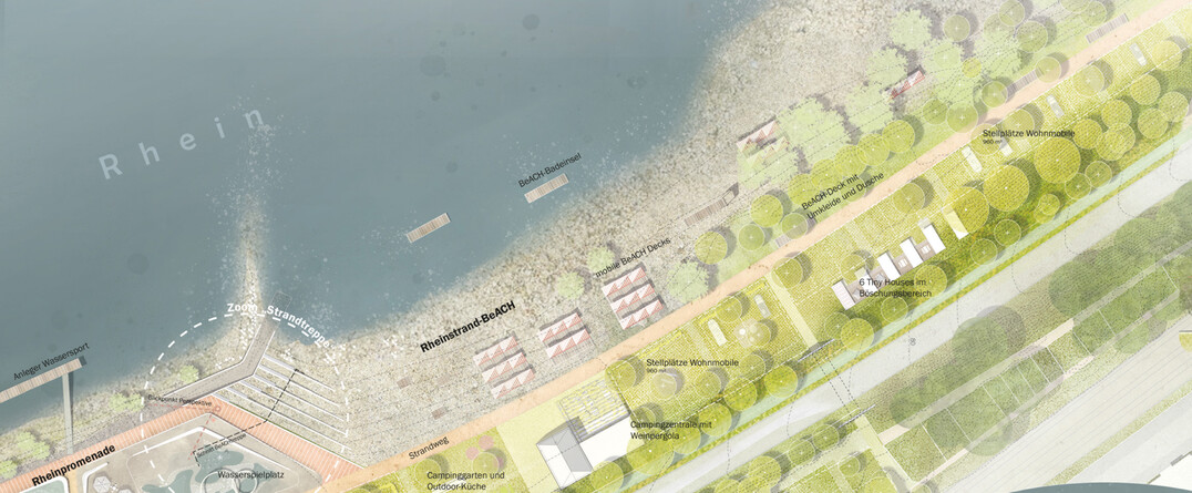 Das historische Wegenetz und neue Bepflanzungen betonen die Schnheit des Parks, whrend Sitzmglichkeiten eine Aussicht auf Rhein oder Stadt bieten. Im sdlichen Abschnitt in Richtung Campingplatz bildet ein grozgiger Bereich mit Spiel- und Bewegungsmglichkeiten fr alle Generationen den bergang zum Strandbad. Der Campingplatz der Zukunft knnte Gruppenzeltpltze, Sonderunterknfte mit Jurten oder Tiny Houses aufnehmen. (BILD: )