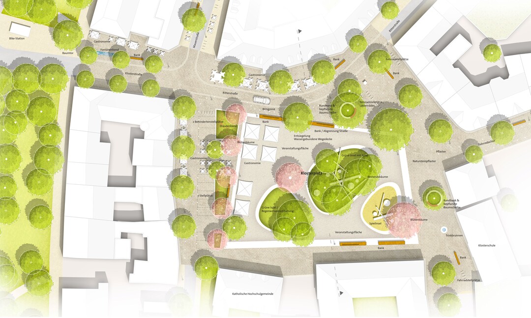 Auf dem Klosterplatz bietet die Neuordnung des Verkehrs, die Chance, einen grozgigen und belebten Platz fr alle Generationen zu schaffen.
Die Platzmitte wird entsiegelt und erhlt einen stadtklimafreundlichen Belag aus wassergebundener Decke. Zwei grne Platzinseln rund
um die Bestandsbume und die neue Spielinsel dienen der Sammlung des Oberflchenwassers und der Verbesserung des Kleinklimas. Gleichzeitig
zonieren die Inseln den Klosterplatz in einen attraktiven, gut zu beaufsichtigenden Schulhofbereich und einen ffentlichen Teil. Lange
Bnke dienen zustzlich der Abgrenzung zur verkehrsberuhigten Ritterstrae. Hier wird eine Hol- und Bringzone, um dem groen Einzugsgebiet
der Schule gerecht zu werden, eingerichtet. Die Flchen fr Auengastronomie werden deutlich vergrert. AUSZUG ERLUTERUNGSTEXT