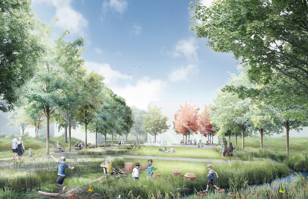 Im Herzen des Quartiers liegt der Quartiersplatz. Der multifunktional bespielbaren Stadtboden ist zentraler Ort fr nachbarschaftliche Begegnungen. Mittig platziert spielt sich ein Wasserelement in den Vordergrund und schafft einen Anziehungspunkt fr Gro und Klein. Im Sinne einer hohen Nutzungsflexibilitt ist das Wasserspiel bodenbndig und berfahrbar. Die Freitreppe formuliert den bergang vom Platz in den Landschaftsraum und markiert gleichzeitig baulich den Hhenunterschied, der fr die Ausbildung des Retentionsraumes der Quartiersweise grundlegend ist und macht so den Umgang mit Regenwasser sichtbar. (Auszug aus Entwurfstext)