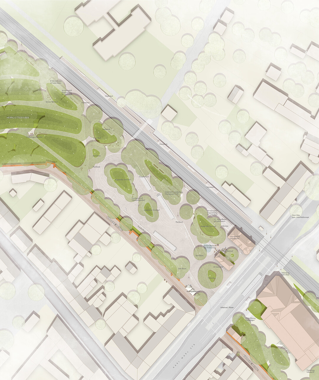 Auszug Juryprotokoll: Die Entwurfsidee eines flieenden Grnraums, der die historischen Wallanlagen mittels wohlgesetzter Baumstellungen und Vegetationsinseln mit dem neu definierten Bahnhofsvorplatz und darber hinaus () organisch verzahnt, strahlt eine groe Selbstverstndlichkeit aus.