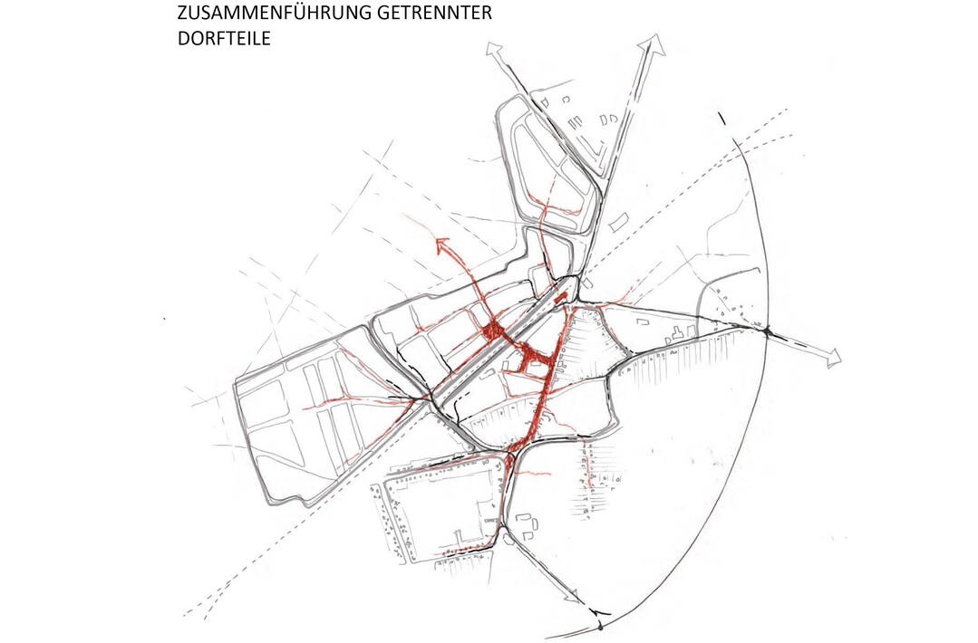 Auszug Entwurfstext: "Auf der stdtebaulichen Ebene sieht das Konzept eine deutliche Strkung der Stadtrume vor, die als Bindeglied zwischen Wohnnutzung und Dorfzentrum dienen knnen: Dorfanger, Teltomatgelnde und Bahnhofsvorplatz. Whrend Anger und Bahnhof bereits als Verbindungsknoten ber die Gleise dienen, wird die Ergnzung einer fulufigen Verbindung (...) als wichtiger Baustein betrachtet. ZONIERUNG: Der Entwurf strkt die bereits vorhandenen stdtebaulichen Situationen durch eine Gliederung in fnf Abschnitte mit unterschiedlichem Charakter und Angeboten. Eine schlichte Materialitt und ein einheitlicher Querschnitt verbinden die Abschnitte. Ein breites, helles Bord zwischen den Fugngerbereichen und dem Straenraum dient als gestalterisches Rckgrat, welches sich durch alle Abschnitte durchzieht."