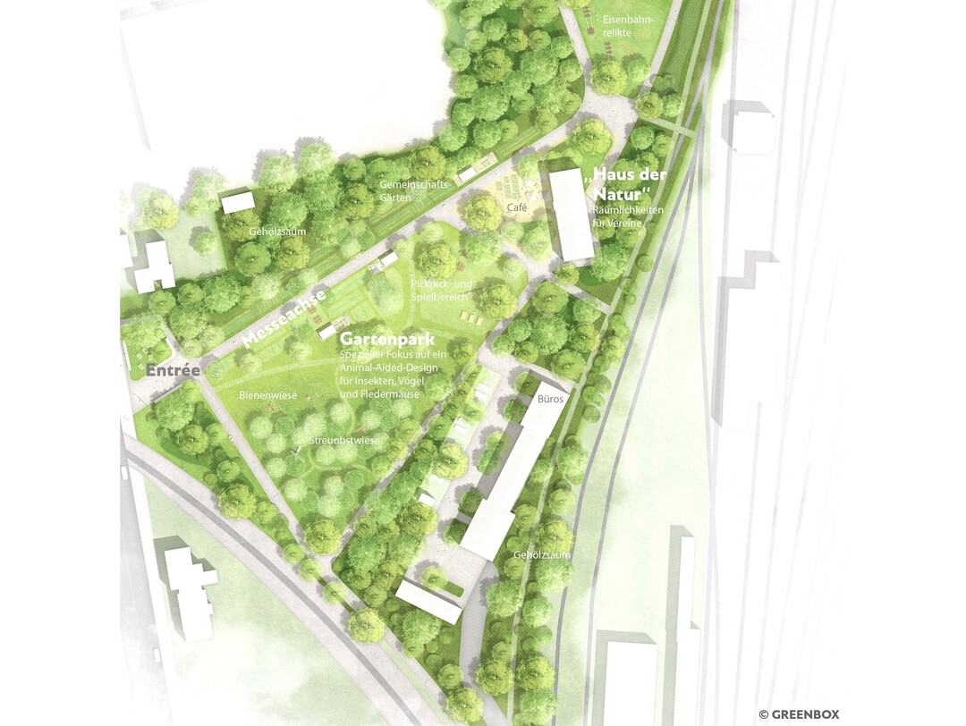 Mit der Messeachse werden die Innenstadt Neumnsters mit den Holstenhallen nrdlich des Parkareals verbunden. Im Bereich des Parks verluft die Messeachse kommend aus der Innenstadt zuerst durch den Gartenpark und dann weiter entlang des Weiten Grns. Dabei integriert die Verbindung das Aktivittsband, wo Jung und Alt verschiedenste Beschftigungsmglichkeiten und Aufenthaltspltze unter Bumen vorfinden.