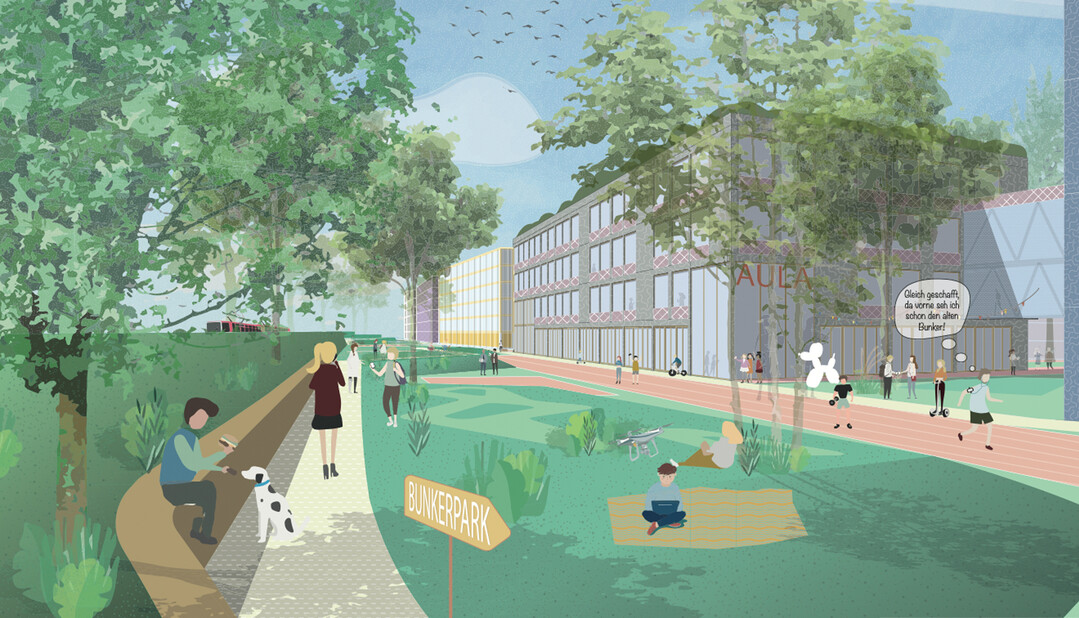 Das Freiraumkonzept schlgt zwei gegenstzliche und sich ergnzende Frerume vor. Entlang der Bahnlinie
ensteht mit dem Bunkerpark ein multifunktionaler und vernetzender linearer Parkraum. Der Bunkerpark
vernetzt den neuen Stadtteil mit den angrenzenden Quartieren und Freirumen. Gleichzeitig bietet er
vielfltige Freizeitangebote (Sport, Spiel, Grten...) und leistet wichtige kologische und klimatische
Ausgleichsfunktion. Die bestehende Bahnbschung wird neu interpretiert und auf unterschiedlichen Niveaus
(durch sanfte Rampen und Treppen verbunden) mit vielfltigen Nutzungen belegt. (AUSZUG ENTWURFSTEXT)