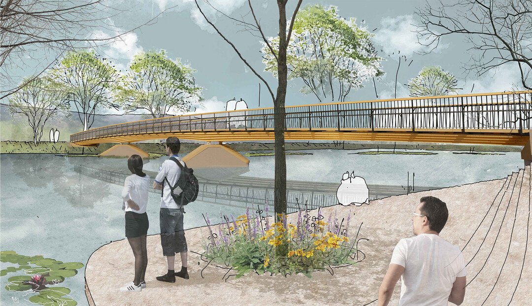 Der Flussraum wird mit einem lichten Baumhain, extensiven artenreichen Wiesen, geschotterten Pfaden, erweiterten Abgrabungen und Flachwasserbereichen, einer kleinen Wasserterrasse fr den spielerischen Wasserzugang und dispers eingestreuten Sitz- und Liegedecks zu einem dichten Naturerlebnis Bereich revitalisiert. (AUSZUG ERLUTERUNGSTEXT)