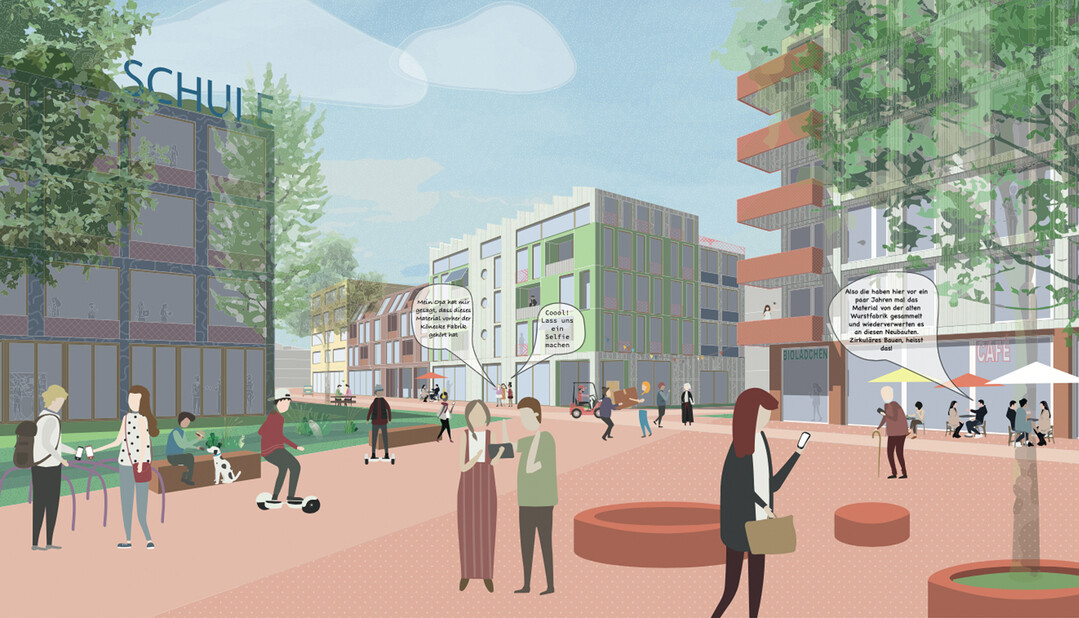 Der Park verzahnt sich
zudem ber blaugrne Finger mit dem Quartier. In Ergnzung dazu entsteht im Quarterinneren die
produktive Kiezmeile als mulitfunktionaler Stadt-und Straenraum. Die Kiezmeile erzeugt ein spannendes
Verhltnis aus befestigten Plazas und ausgleichenden, naturnahen, durchlssigen und versickerungsfhigen
Freirumen. Es mischen sich dort Orte der Mobilitt, Gewerbe, Orte der Gemeinschaft und des Treffens mit
stadtkologischen Funktionen. Bei Regenereignissen fungiert die Kiezmeile zudem durch
Versickerungsmulden als Klimaader (lngere, oberflchennahe Speicherung von Wasser und Effekt durch
Evapotranspiration).