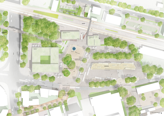 In stdtebaulich grozgiger Geste entwickeln die Verfasser ihr Platzgefge: Das neue Hotelgebude, Fahrradparkhaus und das bestehende Bahngebude werden als ein Ensemble interpretiert und fungieren als Platzkanten fr den Bahnhofsvorplatz. Fr die notwendige Klarheit, integrieren die Planer das Fahrradparkhaus als ein Kernelement des Mobilittskonzeptes in den Hhensprung zwischen Platz und Gleisniveau. Der neue Bahnhofsvorplatz nimmt neben der Funktion als Gesicht der Stadt Ibbenbren auch die des Auftaktes der Innenstadt ein. Der funktional dem Thema der Mobilitt zugeordnete Busbahnhof mit MIV-Stellpltzen und Taxistand wird als rumliche Fortfhrung des Bahnhofsvorplatzes nach Sd-Ost verstanden, Bahnhofsvorplatz und Busbahnhof verschmelzen zu einem Raum.