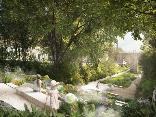 "Der Stadtgarten als Teil des ehemaligen Festungsrings wird in seiner Funktion als ruhige Grnflche am Rande der Altstadt gestrkt. Die langgezogene Grnflche in Verlngerung des Stadtgrabens erhlt einen markanten platzartigen Abschluss. Die in die Jahre gekommene Konzertmuschel wird durch ein neues Bhnenbauwerk ersetzt und in eine leicht vertiefte Platzflche integriert. Die leicht geneigten Rasenflchen mit Sitzbnken knnen gut als Tribnenflchen fr Veranstaltungen genutzt werden. Die Hochmaiengasse wird als Barriere zwischen den Parkteilen zurckgebaut und auf eine schmale Durchgangsstrae ohne Parkierungsflchen reduziert." Auszug Entwurfstext
