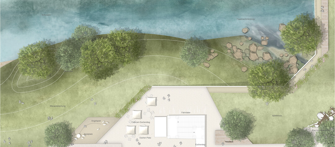 Gestaltung und Materialitt: Mit der Modellierung des Schussenufers entsteht eine Flusslandschaft und weitlufige Rasenstufen, die in Teilbereichen durch Natursteinblcke zum Sitzen abgefangen werden. Die Escher-Wyss-Strae wird bis zur Abfahrt der Tiefgarage asphaltiert und geht dann als Parkpromenade in eine wassergebundene Wegedecke ber, die anschlieend in die Schussenpromenade einfliesst. Der neue Platz beim Escher-Steg ist gepflastert, ebenso der Platzbereich beim Gleis 9. Die Sitzstufe an der Schussenpromenade unter den Platanen ist aus heimischem Naturstein mit Holzauflage. Holzdecks an verschiedenen Stellen dienen als Aussichtpunkte und laden zum Verweilen ein. Im Bereich der renaturierten Uferbschung finden sich vereinzelt Natursteinblcke, Totholzstmme und Findlinge als Sitzelemente wieder.(AUSZUG ENTWURFSTEXT)
