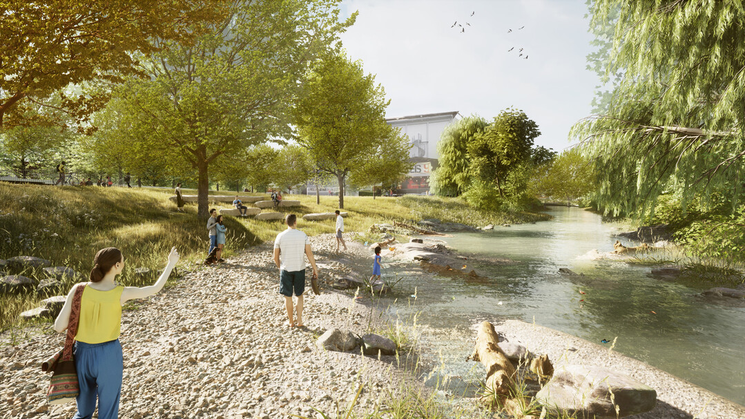Ravensburg - Stadt am Fluss: Der Siegerentwurf setzt dieses Ziel mit einem durchgehenden Uferpark um. Das Konzept bedient sich dabei einfacher, aber wirksamer Mittel. Die Tieflage der Schussen bedingte frher schon die Aufschttung des Bahnkrpers sowie der Gewerbegebiete. Der Entwurf macht das durch geschickte Modellierung und Raumaufweitung wieder rckgngig. Zwischen dem Bahnkrper und der Schussen entsteht eine vllig neue Auenlandschaft. Prall- und Gleitufer geben den Rhythmus vor. Somit knnen die groen Galeriegehlze, die am Mittelwasser wachsen, erhalten werden. 
Die Orientierung fllt beim Ankommen im neuen Schussenpark leicht. Der Biergarten am Gleis 9 im Sden und die Cafterrasse am historischen Escher-Steg im Norden sind knftig reizvolle Anlaufpunkte.
Entlang der stlichen Platanenreihe spannt sich ein interessantes Aktionsband mit Kletter-, Sport- und vielerlei Bewegungsmglichkeiten auf. Der Lrm und Staub der Gleise wird durch vertikales Grn gefiltert. (AUSZUG ENTWURFSTEXT)