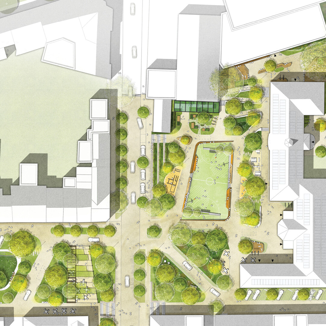 Das Herzstck der neuen entsiegelten Piazza ist der Campo Sportivo. Dieser dient der multifunktionalen Aktivitt im Freien. Das circa 50 cm abgesenkte und ber Rampen und Stufen erreichbare Multifunktionsfeld ist mit Fu-/Handballtoren sowie Basketballkrben bestckt. Ein offenporiger EPDM-Kunststoffbelag ermglicht ein sicheres Bespielen und dient parallel der Versickerung. (AUSZUG ERLUTERUNGSTEXT)
