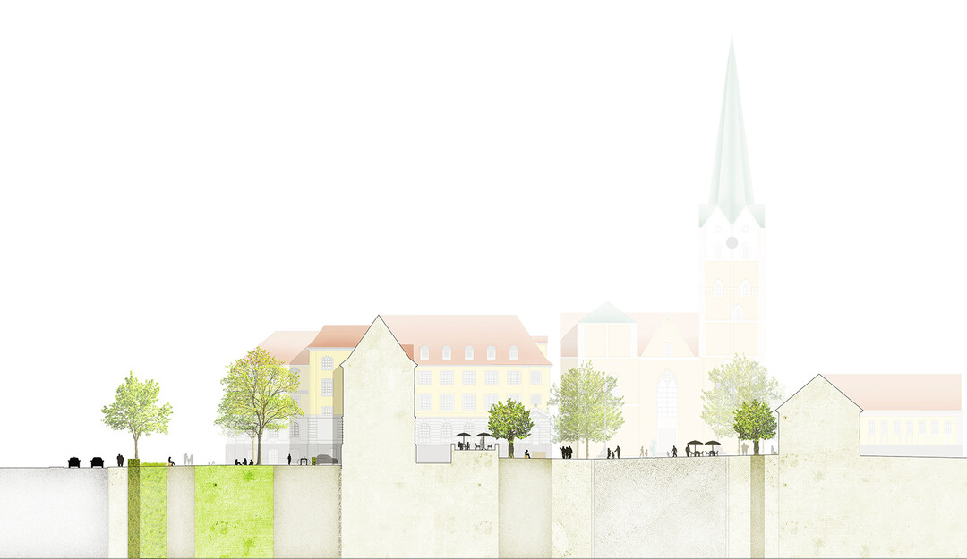 Im Dialog zum Alten Markt, Neuen Markt und Gnsemarkt wird der neugestaltete Rathausplatz als reprsentative und vielseitig bespielbare Stadtbhne verstanden. Sitzbnke, Wasserspiel und Gastronomie sind fr Brger und Gste der Stadt tglicher Anlaufpunkt. Die freie Platzmitte wird inmitten der Kulisse aus Markthalle, Rathaus und Mnsterkirche zum einmaligen Veranstaltungsort fr Mrkte, Stadtfeste und Konzerte. (AUSZUG ENTWURFSTEXT)