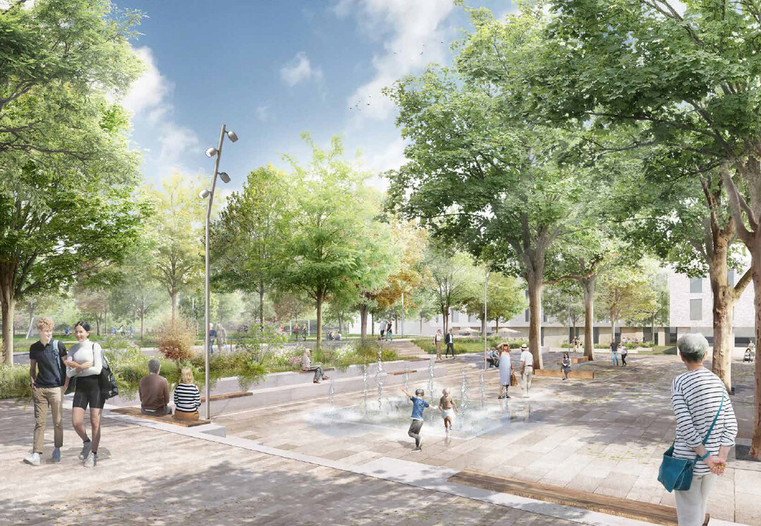 Ein belagsbndiges Wasserspiel in Form eines
Fontainenfeldes khlt und erfrischt im Sommer. Eine Boulebahn
ermglicht Jung und Alt das Spielen auf dem Platz. Vier groe Platanen
rahmen den Platz und sorgen fr Grn und Schatten im Sommer.
Eine zweireihige Sitzstufenkante fasst den Platz ein und ermglicht
BesucherInnen das Verweilen. (AUSZUG ENTWURFSTEXT)