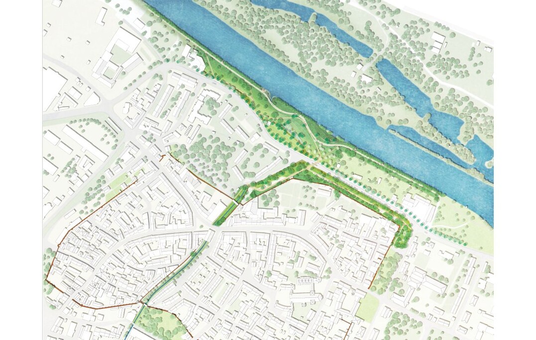 Mainuferpark: 
Der vorhandene Uferpark wird nun zum Mainuferpark. Er ist charakterisiert durch den wertvollen,
schattenspenden Altbaumbestand im Westen, der einladende Aufenthaltsbereiche bietet. Zusammen mit dem
neu gewonnenen, ehemaligen Industriegelände wird er zu einer neuen, großzügigen Parkanlage entwickelt. Der
Baumbestand löst sich ostwärts als offener Wiesenraum mit kleinen Baumgruppen und Einzelbäumen auf. Am
Übergang zur Altstadt wird ein lockerer Streuobsthain ausgebildet. Der vorhandene sanft modellierte
Topographiesprung wird weitergeführt und zum Ufer hin flacher modelliert, sodass der Zugang zum Wasser
für alle barrierefrei möglich ist. Nutzungsschwerpunkte entstehen mit besonderen Orten am Wasser und einem
neuen Spiel- und Freizeitsportbereich. (Auszug Entwurfstext)