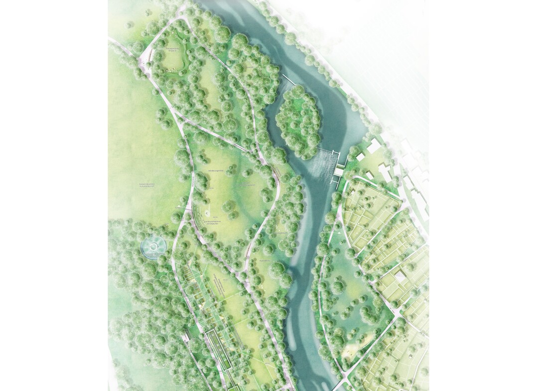 Im Industrieerbe (siehe auch Folgeplan) werden vorhandene Strukturen aufgenommen und in angemessener Intensitt in die Zukunft transformiert. Der ehemalige Geist des Ortes findet sich in den schwimmenden Grten im ehemaligen Klrbecken und in mehreren anderen Stationen wieder. Die Aussichtsterrasse an der ehemaligen Gipsablade bietet den wertvollen Blick auf die Altstadt und das Schloss. Die dargestellte Struktur im Freiraum wie auch in architektonischen Teilelementen ist jedoch hinsichtlich der Lage und Ausrichtung des Bestandes zu berprfen. Der neue Enzsteg trifft rtlich treffend auf den Platz der Industriekultur, der sich zum Gewsser hin mit einer Terrasse ffnet. Der bestehende Gebudekomplex erfhrt nach Sden eine stdtebauliche Ergnzung. (AUSZUG JURYPROTOKOLL)