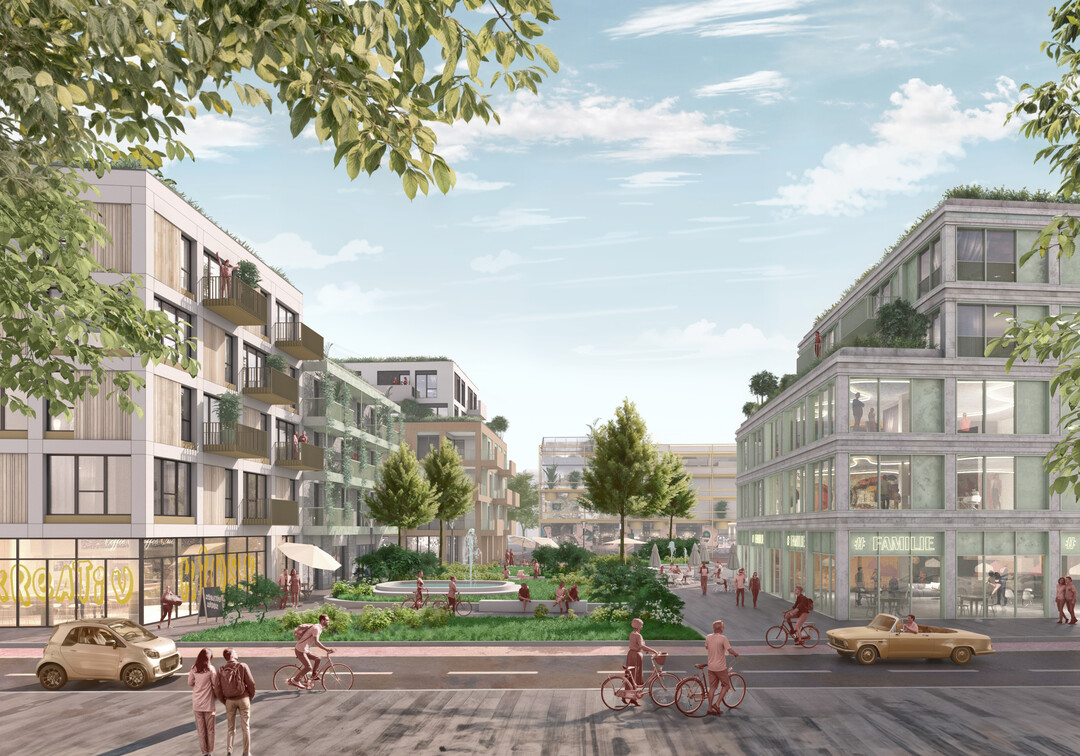 Dieser Platz bildet das Zentrum des neuen Quartiers. Die Terrassen der angrenzenden Nutzungen ermglichen ein urbane, vielfltige Bespielung der Rume. Die Bestandsbume werden zentral auf eine Wiesenflche gestellt, eine multicodierte Rasenmulde mit Spielmglichkeiten dient der Oberflchenentwsserung. Bnke ermglichen den Aufenthalt unter Bumen. Zur Reichsstrae wird ein Tiny Forest ausgebildet, hierbei werden die Bestandsgehlze um weitere Bume ergnzt. Der Wald dient als Habitat und khlt das Mikroklima. Durch die Ausgestaltung in Inseln wird das Hindurchlaufen und der Aufenthalt im Innern ermglicht.  AUSZUG ENTWURFSTEXT