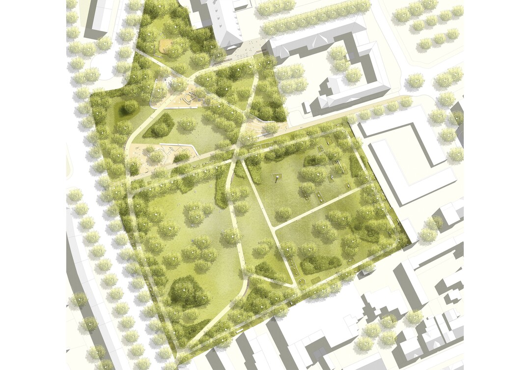 Mit dem Rathausgarten, der Spielelandschaft und dem ehemaligen Friedhof als Ort der Ruhe gelingt
den VerfasserInnen eine sehr gute Aufteilung der Parkanlage in drei Nutzungsbereiche. Im Bereich
des Rathausgartens werden die vorhandenen, wertvollen Bume freigestellt und der Ort durch
Stauden und Rosenpflanzungen aufgewertet. Die unterschiedlichen Spielflchen sind in Bezug auf die
Altersgruppen folgerichtig an das Wegenetz angeschlossen und lassen eine gute Interaktion
untereinander zu. Die Gre der Spielflchen und die Skateanlage sind allerdings kritisch zu
hinterfragen. Sie sind im Vergleich zu den Flchenvorgaben der Auslobung deutlich zu gro (...) Die Belge der Spielflchen sollten nicht
zu einer Vollversiegelung fhren. (AUSZUG JURYPROTOKOLL)