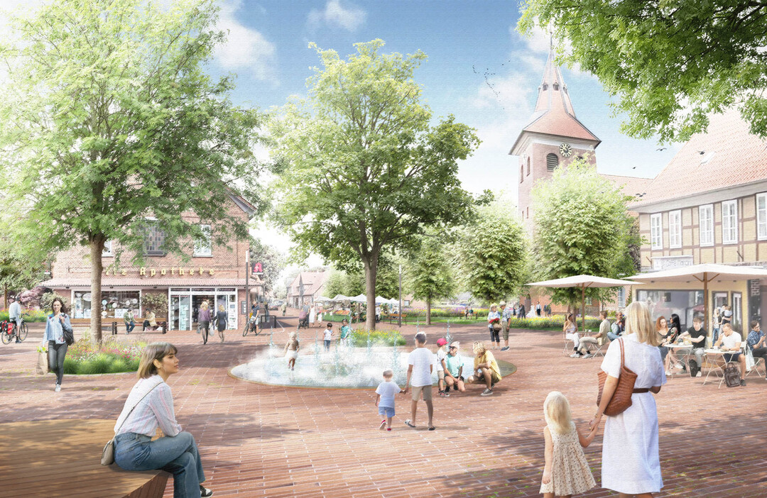 Herzstck des Entwurfs ist der zentrale Marktplatz, der sich zwischen den historischen
Gebudefronten ber den Verkehrsraum hinweg aufspannt und auch die Kirche mit
anbindet. Der Marktplatz wird als zentraler Platzraum erlebbar gemacht und optisch und
funktional durch Schaffung eines einheitlichen Platzteppichs vergrert. Das verbindende
Klinkerpflaster zieht sich ab Breiter Strae Nr. 36 bis Friedrich-Kcken-Strae Nr. 5 und vor
Kirchenvorfeld ber die gesamte Fahrbahn. Eine im Material abgesetzte Rinne separiert den
264083
2
Fugngerbereich von der Fahrbahn. Grobume spenden Schatten und schaffen ruhige
Aufenthaltsrume.   AUSZUG ENTWURFSTEXT