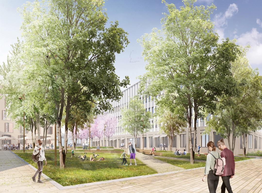 Im Bereich der Wohn- und Geschftshuser wird die Stadtachse in Form eines PocketParks
gestaltet, der durch locker angeordnete mehrstmmige Klimabume, zum Beispiel Schnurbaum,
Blauglockenbaum und darunter liegender Blumenwiese zum Verweilen einldt. Auf der Wiese
laden verteilte kleine Spielelemente Kinder zum Toben, Wippen und Klettern ein, whrenddessen
die Sitzbnke in der Mitte des Parks den Eltern Aufenthaltsmglichkeit bieten. AUSZUG ERLUTERUNGSTEXT