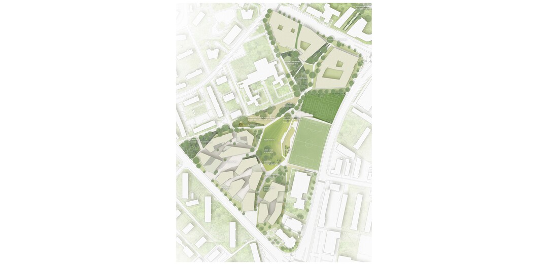 Die Arbeit zeichnet sich durch beispielhafte und landschaftliche Verschmelzung von Freiraum und Architektur aus und verfestigt damit das stdtebaulich-freiraumplanerische Konzept des Masterplanes. Architektur wird zum strukturellen, funktionellen Hinter- und Untergrund des gesamten, darber mglichst weit aufgespannten Freiraumes, welcher Vereinssportanlagen und ffentlichen Park wechselseitig sprbar, erlebbar und begehbar macht. (...) Das Verhltnis zwischen bewegter und ebener Landschaft wirkt gut berlegt und ausgewogen. Hier wird dem Quartier ein neues Erlebenspotential erffnet. Besonders gewrdigt werden die in das Gesamtkonzept integrierten berlegungen zu Material- und Retentionskreislufen. Einzelne ausgewhlte Architekturteile wirken przise fr Orientierung, Zeichensetzung und Schaffung atmosphrischer Binnenrume. Der Park bildet das viel zitierte Rckgrat des Stadtquartiers aus. (AUSZUG JURYPROTOKOLL)