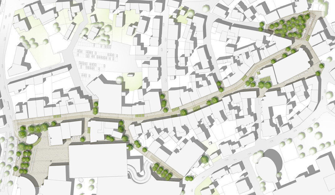 Auszug Juryprotokoll: "Der Entwurf Canal Centro schafft im Hinblick auf Angemessenheit, Nutzbarkeit und Identittsstiftung einen berzeugenden Lsungsansatz. Das Thema Kanalstadt wird nicht direkt umgesetzt, sondern assoziativ durch ein Band aus Natursteinplatten aufgegriffen, das die Hohe Strae von Ost nach West mittig durchluft. Bewegungsrume in der Mitte und Aufenthaltsbereiche an den Rndern der Strae sind richtig angeordnet, die Nutzbarkeit des Raumes auch an belebten Einkaufstagen oder bei Veranstaltungen gut gegeben. Ergnzt wird die durchgngige, lineare Gestaltung durch stdtebaulich richtig platzierte Akzentuierungen mit Bumen und Ausstattungselementen an den Pltzen und Einmndungs-bereichen. Wasser findet sich in Form von Brunnen und Wasserspielen nur punktuell an diesen Aufenthaltsschwerpunkten und schrnkt die Nutzbarkeit des Stadtraums nicht ein."