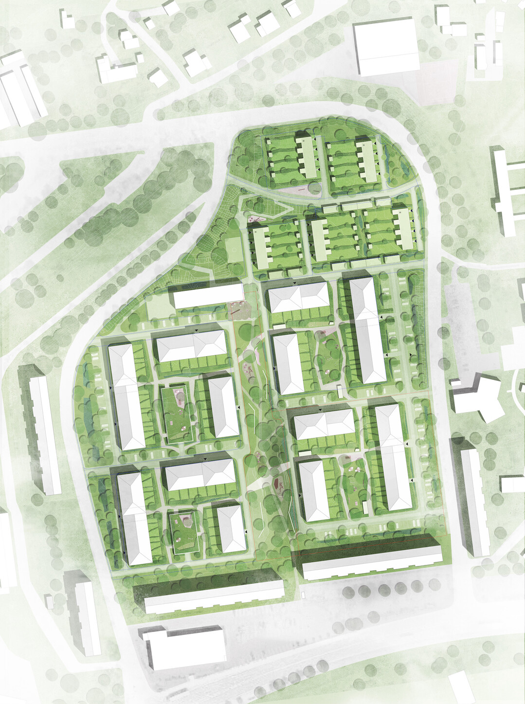 Die stdtbauliche Struktur der neuen Gartenstadt Allendorf wird in einer Grnflche eingebettet, welche eine ppige Bepflanzung mit verschiedenen Baumarten sowie Strauch-, Stauden- und Grserpflanzungen aufweist, mit dem Ziel ein hohes Ma an Biodiversitt zu erzielen und einen vielfltigen Lebensraum fr Mensch und Tier zu erzeugen. Es wird ein geringer Versiegelungsgrad angestrebt, um so einen hohen stadtklimatischen Komfort zu bilden. Das Ziel ist es die Gartenstadt zu einem attraktiven Landschaftsraum, mit einer ineinanderflieenden Grnstruktur, zu entwickeln, welche einen parkhnlichen Charakter aufweist und so ein hohes Ma an Freiraumqualitt erzeugt. (AUSZUG ENTWURFSTEXT)