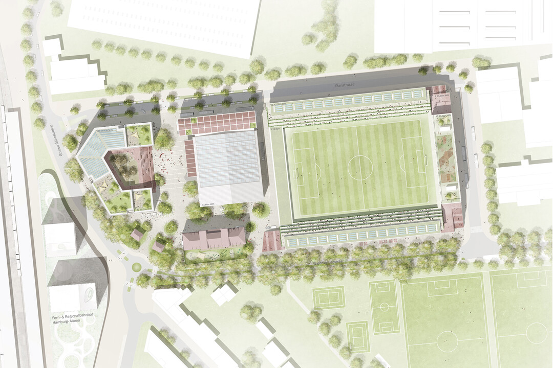 Direkt gegenber dem geplanten Bahnhof gelegen, entstehen hier ein Fuball-Regionalligastadion und eine Musikhalle mit jeweils 5.000 Pltzen, Broflchen und ergnzende Nutzungen wie eine Kita, Einzelhandel und Gastronomie. Der Entwurf von gmp besteht aus vier Bausteinen - der prominenteste davon ist das neue Regionalligastadion.