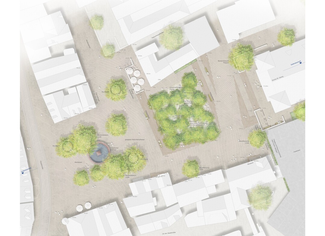 Als positiv wird gewertet, dass keine rumliche Achse aufgebaut wird und die Monumentalitt der
Kirche durch das Bltterdach geschickt gebrochen wird (...) Es entstehen neue, interessante Freirume mit breiten Nutzungsmglichkeiten fr alle
Generationen (Mglichkeitsraum in grner Stadtterrasse). Positiv gesehen werden der Erhalt von 9
Bumen und 21 Neupflanzungen.
Eine gelungene Baumsetzung im Gesamtkonzept ist erkennbar, die neue Freiraumqualitten
ausbildet und neues Grn in der Stadt schafft (...) Die wassergebundene Decke unter dem Baumdach mit Ihrer Versickerungsfhigkeit stellt eine
positive Reduzierung des Versiegelungsgrads dar.
Die Ausbildung der Oberflchenbelge ist bei dieser Arbeit ein wesentliches Gestaltungselement.  AUSZUG JURYPROTOKOLL