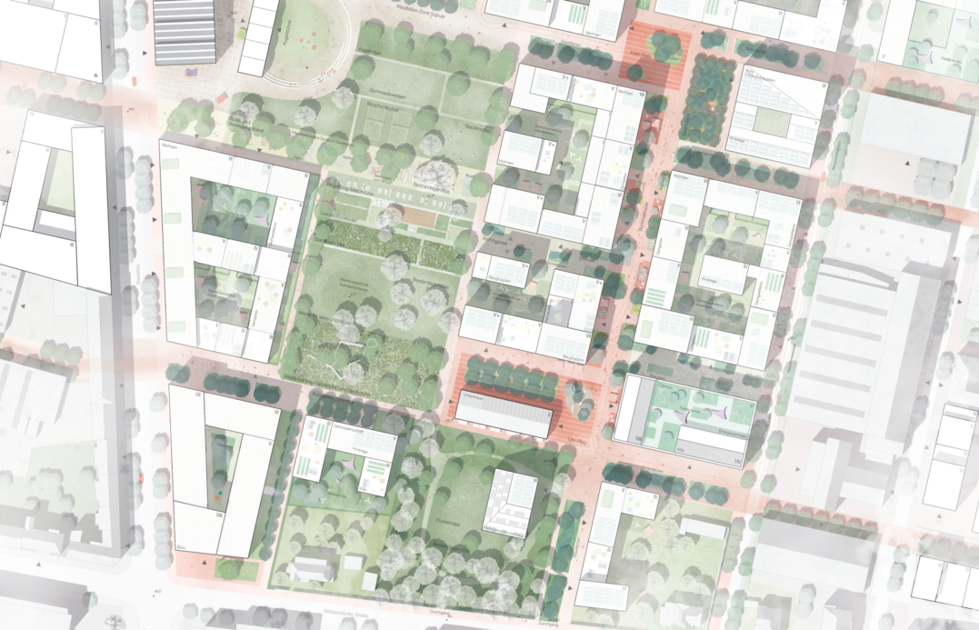EHRENFELD NEU VERNETZT: Die ffnung des Areals ermglicht die Einbettung und Vernetzung sowohl in den Freiraumverbund als auch in das Mobilittsnetzwerk Ehrenfelds, sowohl auf lokaler, stadtteilbezogener und berrtlicher Ebene. Die Durchwegung fr Fu- und Radverkehr wird durch die Einbindung in das Radwegekonzept verbessert, bestehende Grnstrukturen integriert, gestrkt und miteinander vernetzt. Der Bahnweg fungiert als grnes Rckgrat des Areals und stellt eine attraktive Verbindung fr Zufugehende und Radfahrende zur S-Bahn-Haltestelle her. (...) Perspektivisch knnen auf bergeordneter Ebene Freiraumbezge zum Klttenkorridor, Gleispark und der Low Line aufgenommen werden.(AUSZUG ENTWURFSTEXT)