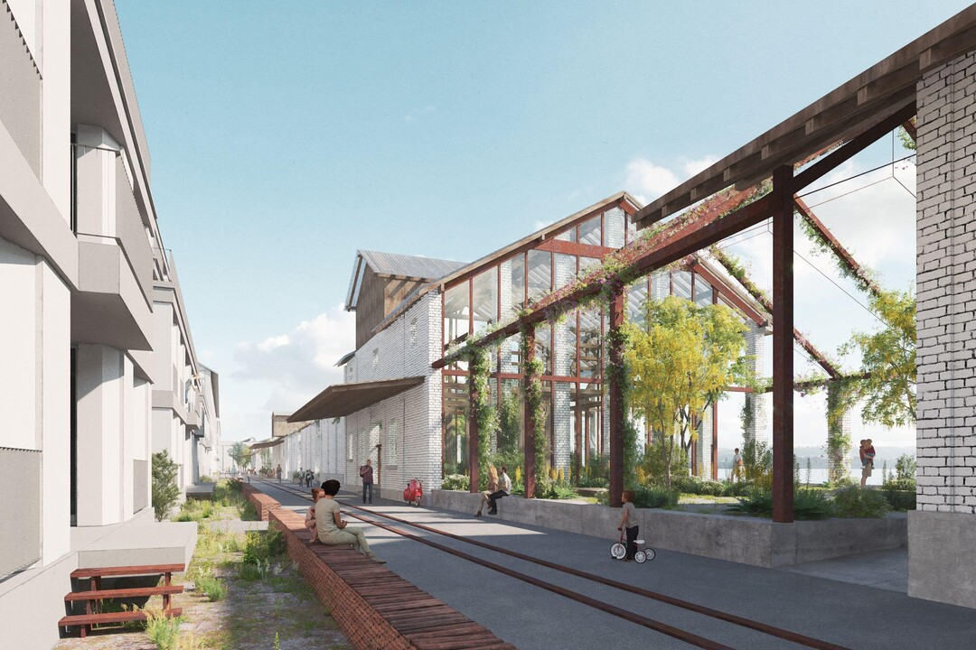 Freiraum im sogenannten "Zeitzeugen": Dieses bestehende, lang gezogene Gebude wird durch gezielte Eingriffe zu einer luftigen Parkhalle. Die Dachkonstruktion wird teilweise durch eine berankte Pergola-Struktur ersetzt und einige Fassadenteile werden abgebrochen. Dennoch bleibt der Charakter des Baus erhalten.