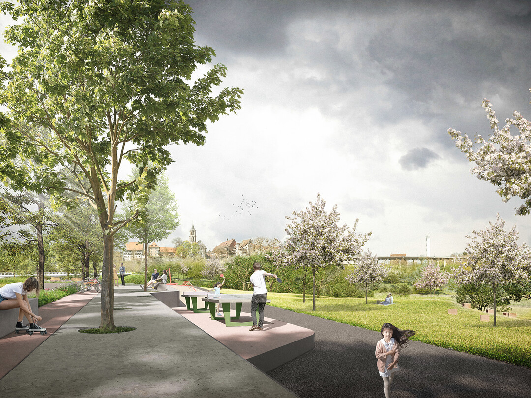 "Die Panoramapromenade schafft einen markanten Abschluss des Wiesenparks. Die Hangkante oberhalb der Streuobstwiesen wird als bauliche Klammer aus ineinander geschobenen Terrassenebenen mit leichtem Hhenversatz ausgebildet. Ein Bewegungsband zieht sich als breite Hauptlinie durch die Promenade und verbindet den nrdlichen Flussbalkon an der Schindelbrcke mit den tiefer liegenden Neckarstufen im Sden auf dem ehemaligen ENRW-Gelnde. An dieses zentrale Bewegungsband aus Asphalt mit mineralischer Abstreu lagern sich beidseitig Nutzungsstreifen mit Aufenthaltsbereichen und Bewegungsangeboten an. Spielelemente greifen Themen der Agrarlandschaft auf. Eine breite Aussichtsterrasse mit langen Sitzstufen ist direkt auf das markante Altstadtpanorama ausgerichtet." Auszug Entwurfstext