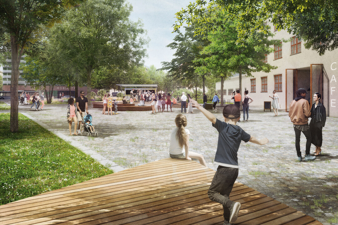 Der Polygraph verwandelt sich von der zugeparkten Pflasterwste zum grnen Herzen des Quartiers. Schlielich stellt der Platz die zentrale Andockstation des Sellerhuser Bogens auf der Stadtebene dar und ist damit das Leitprojekt fr die grne Stadterneuerung im Geleitzug des Parkbogens (...) Vorschlag der Verfasser: Wir setzen befestigte Flchen nur dort, wo sie wirklich hufig genutzt werden. Wir schlagen eine grozgige grne Platzmitte vor, die lediglich die ntigen Wegebeziehungen abbildet. Wir entwickeln grne Strukturen, die benutzt werden knnen und doch smartes Wassermanagement mit pflanzlichem Reichtum, mit Biodiversitt verbinden. Wir verwenden vorhandenes oder nachhaltiges Material. Wir bringen viele Bume in die Stadt. Und wir suchen Schnheit. Wir versuchen die polycodierte Stadtoase. AUSZUG ENTWURFSTEXT
