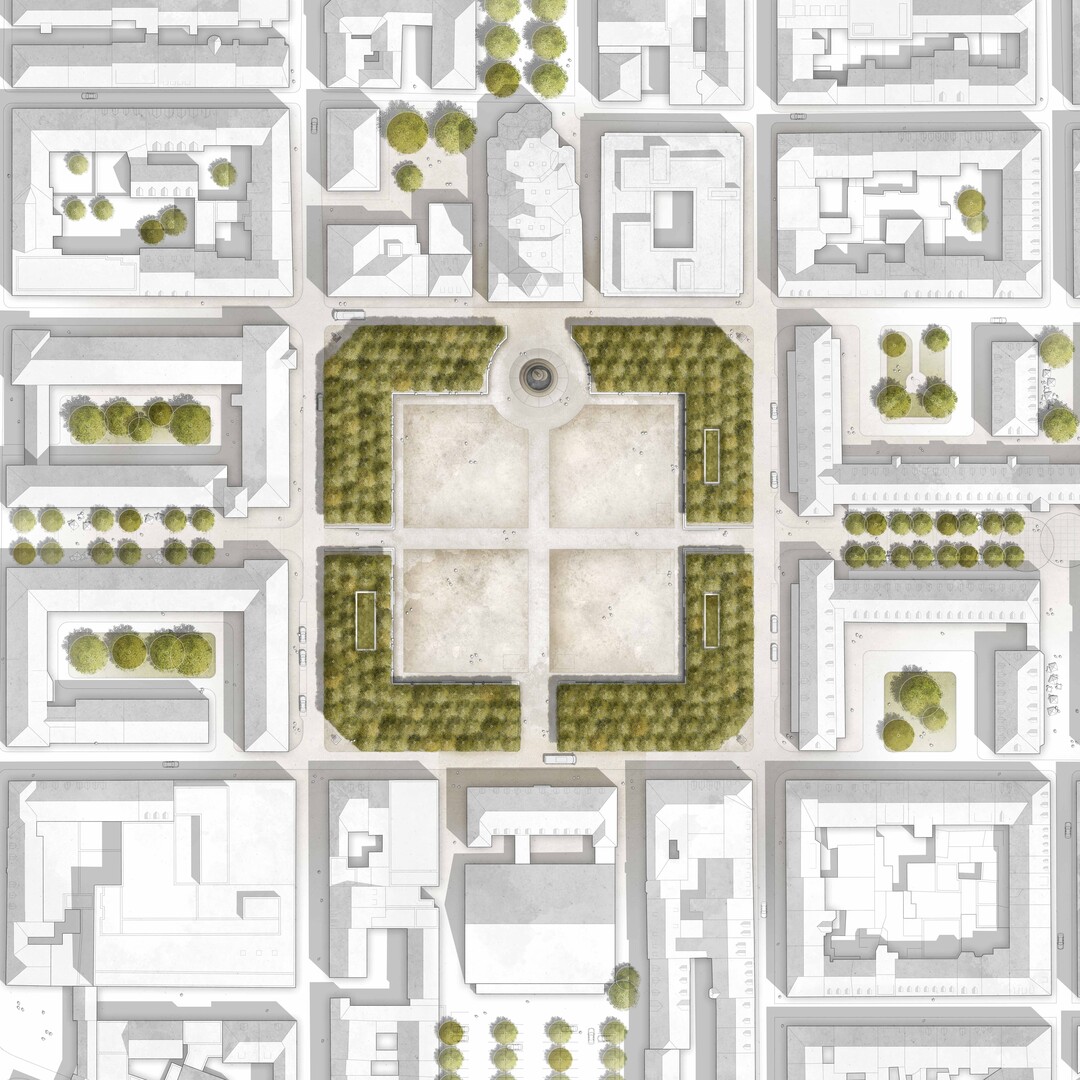 Der freie Platz, die Maordnung der umgebenden Fassaden, die Rahmung durch die Platanenreihen und das mittige Wegekreuz, auch der axiale Bezug zwischen Kirche und ehemaliger Kommandantur reprsentieren in ihrer perfekten Symmetrie und puristischen Einfachheit das Barock. Darin begrndet sich der gesamte Stadtgrundriss der Kernstadt innerhalb der (nicht mehr vorhandenen) Festungsmauern. Der Groe Markt als geometrische, kulturelle und geschftliche Mitte bildet darin den Topos, der stellvertretend fr alle Orte in der Stadt das Wesen des Barock reprsentieren muss, formal-geometrisch durch strenge Symmetrie und puristische Einfachheit. (AUSZUG ENTWURFSTEXT)