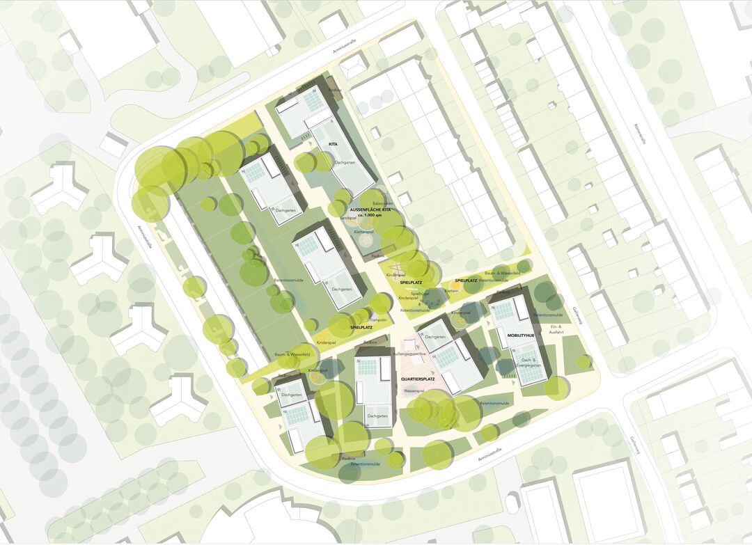 Entwurfskonzept: Laut Planverfasser soll eine urbane Wohnatmosphre entstehen. Die an der Linearitt ausgerichtete stdtebauliche Struktur erscheint lebendig und bewegt durch das Wechselspiel von Grnrumen, Wegen und Aufweitungen, die die Baukrper begleiten. Bestandsbume knnen weitestgehend bleiben, zwei auf dem Areal stehende ltere Gebude mssen dagegen weichen.