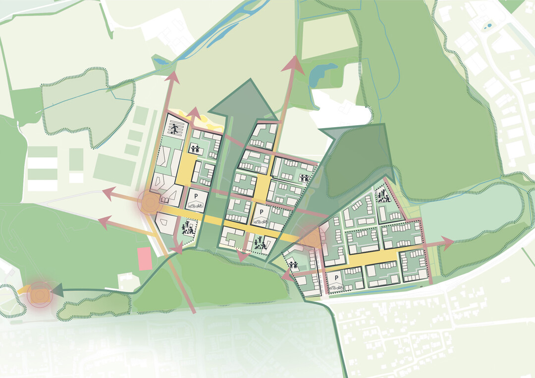Die drei Teilquartiere gruppieren sich jeweils um einen zentral gelegenen Nachbarschaftsplatz. Dieser bildet das Zentrum des sozialen Miteinanders und weist in den Randbereichen aktiv genutzte Erdgeschosszonen auf, in denen neben einzelnen gastronomischen Einrichtungen vor allem bewohnergetragene Einrichtungen und Treffpunkte vorgesehen sind. Diese beleben die jeweiligen Auenbereiche und ergnzen die Spiel- und Aufenthaltsorte auf den eigentlichen Platzflchen. Ebenfalls in jedem Teilquartier wird eine Quartiersgarage vorgesehen, die je nach Lage mit unterschiedlich groen Mobilittsstationen und verschiedenen Mantelnutzungen im Erdgeschoss ergnzt wird. AUSZUG ENTWURFSTEXT