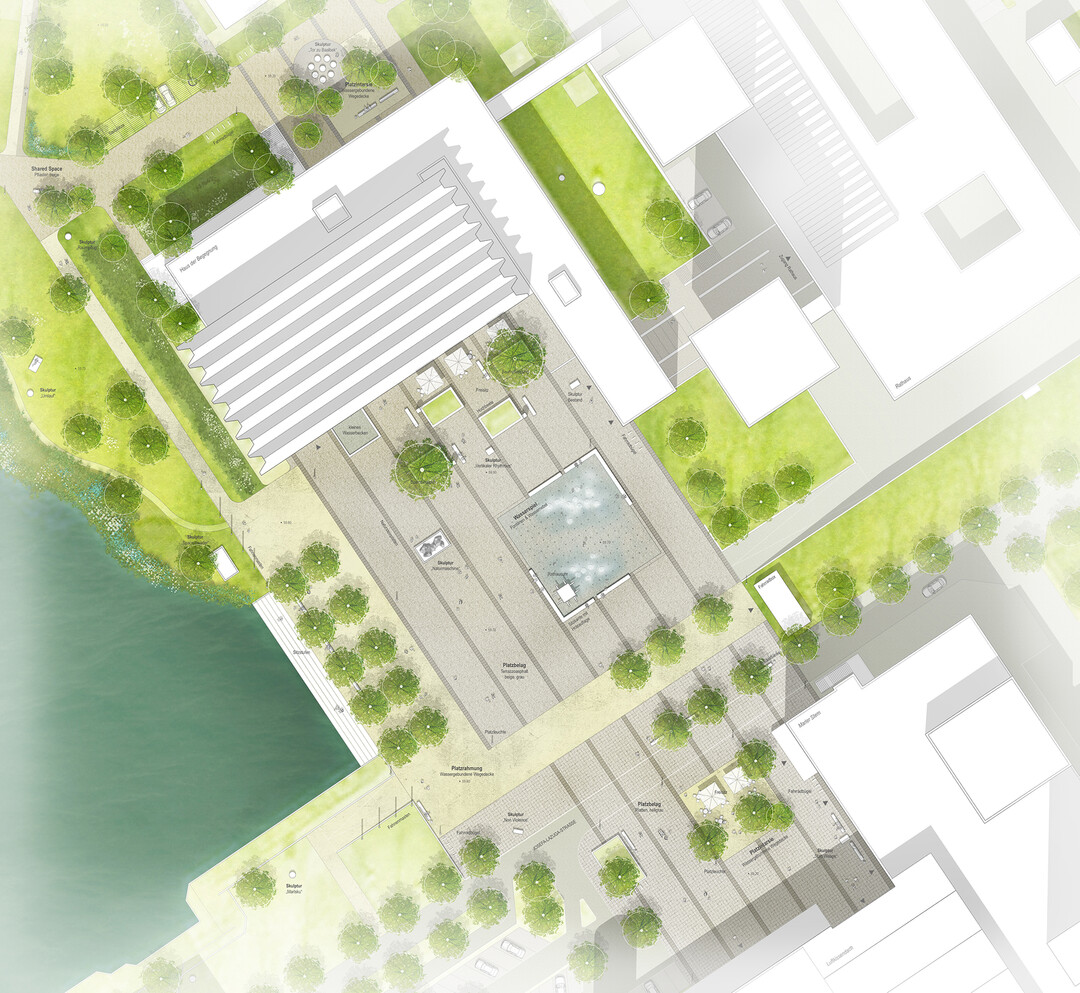 Die Arbeit berzeugt mit einem zurckhaltenden Entwurfsansatz, mit dem dem Vielen, was
da ist, viel Raum gegeben wird (Zitat aus der Diskussion des Preisgerichtes).Der bergang vom Creiler Platz in Richtung Citysee mit Baumdach
und Terrasse verspricht hohe Qualitten.
Besonders positiv wird der bergang zwischen Creiler Platz und Friedenspark und die
Engstelle nrdlich des ehemaligen Skulpturenmuseums am See bewertet. Hier wird der
bestehende Parkplatz an die westliche Seite verlagert, um die Bewegung in den Park frei zu
machen. Die Verlegung des Melonenkunstwerks mit dem Parkplatz ist wahrscheinlich ntig,
wird aber vermutlich kostenintensiv sein. (AUSZUG JURYPROTOKOLL)