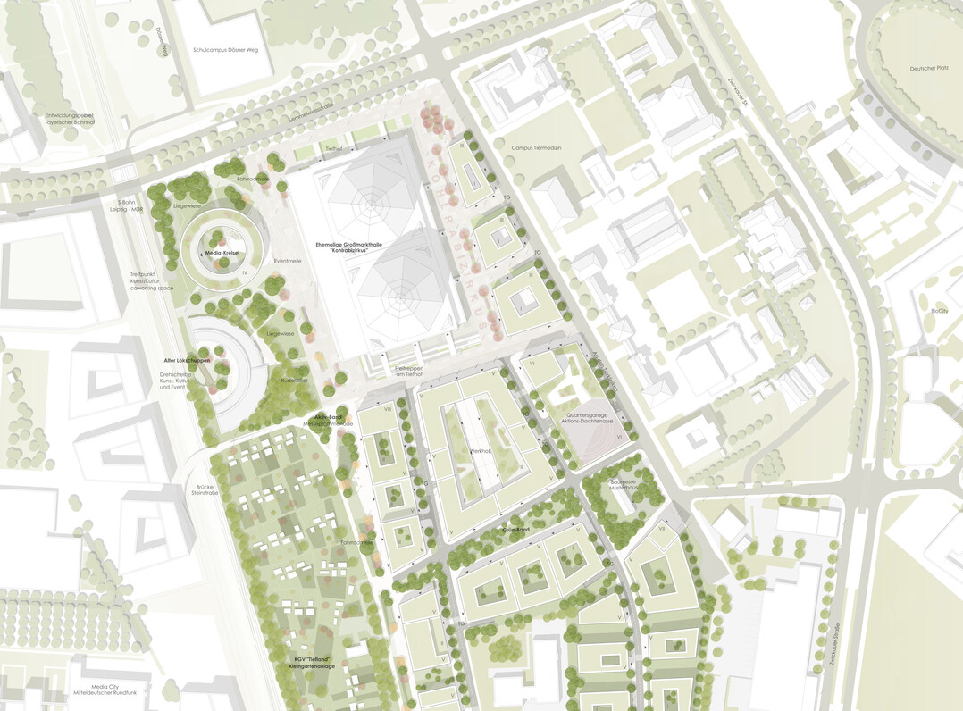 Das Areal um die ehemalige Gromarkthalle Leipzig sowie die sich anschlieenden, weitgehend gewerblich geprgten
Flchen sollen in den kommenden Jahren zu einem Quartier verschiedener Nutzungen mit urbanem Charakter entwickelt
werden. Das Planungsgebiet weist heute neben der markanten Gromarkthalle einen sehr inhomogenen Bestand an
Gebuden unterschiedlicher Qualitt und Erstellungszeit (...) auf (...). Ziel ist es daher, das gesamte Areal zusammenzufhren und ein urbanes Quartier mit eigener Identitt und Erscheinungsbild
zu entwickeln, das den sehr fragmentierten und diversen Bestand integriert und durch eine robuste Struktur den weiteren
Entwicklungen innerhalb klarer Grenzen und weitsichtiger Vorgaben Raum gibt. Die im Norden offene Struktur, die den
Solitrbauten Gromarkthalle, Lokschuppen und Media-Kreisel Platz bietet, verdichtet sich nach Sden, bis in den
Messegrund hinein, zu einem perspektivisch urbanen und angemessenen, dichten Gefge. (AUSZUG ERLUTERUNGSBERICHT)