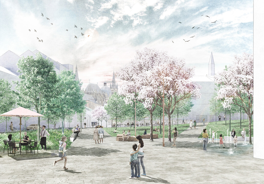 Die Grnen Quartiersterrassen werden erlebbar, nachhaltig und klimaangepasst gestaltet. Sie leben von einer maximalen Entsiegelung bei gleichzeitiger innerstdtischer Nutzung. Mit den gastronomischen Angeboten in den Randbereichen, dem Nachbarschaftsband und dem naturnahen Spielbereich als Bewegungsorte sowie dem Wasserspiel vor dem Baustein Wissen entstehen ausreichend Nutzungsangebote um die Platzmitte frei von Programm zu halten. Baumberstandene Rasenflchen prgen den Ort und laden alle Altersgruppen zum Aufenthalt ein. (AUSZUG ERLUTERUNGSBERICHT)